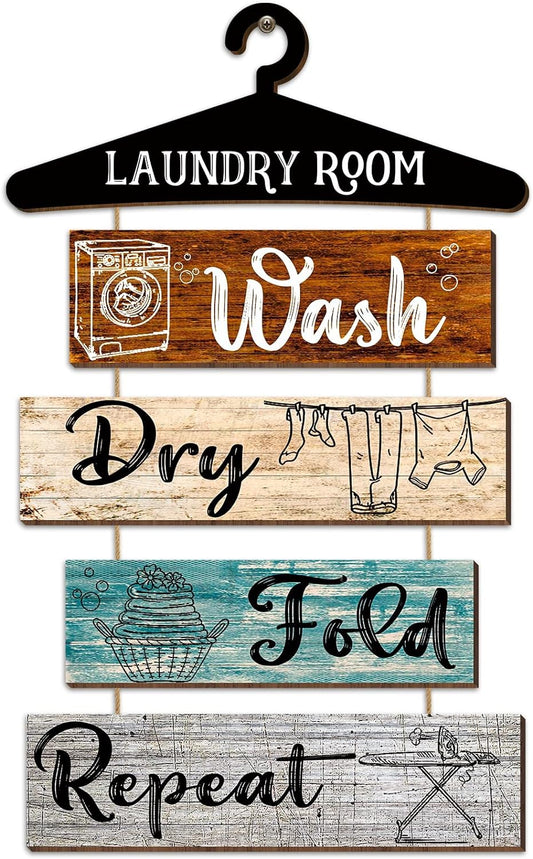 5 Pieces Laundry Room Wall Sign Rustic Room Rules Hanging Sign Wooden Wash Dry Fold Repeat Laundry Plaque Vintage Farmhouse Wall Decor 19.7 X 11 Inch(Multicolored Backing)