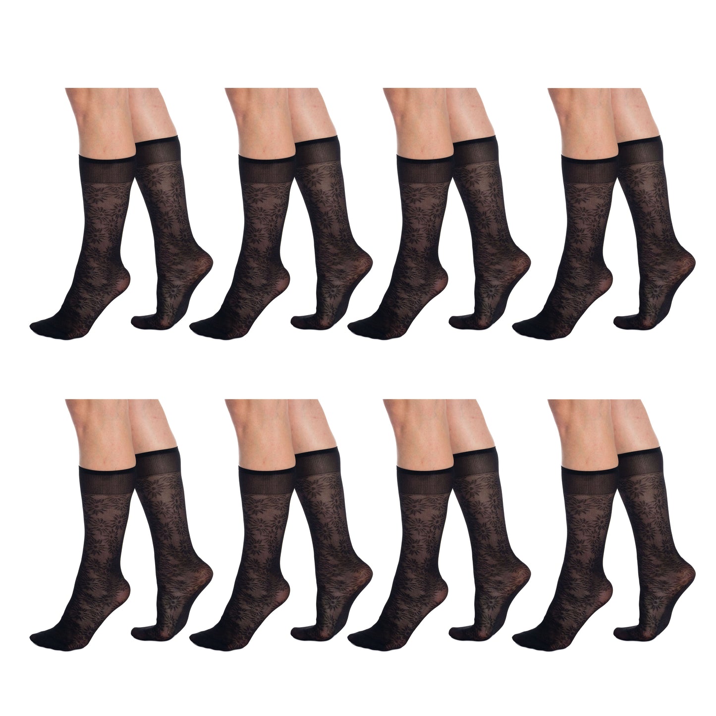 8 Pairs Sheer Knee High Socks for Women 15 Denier with Stay-Up Band One Size