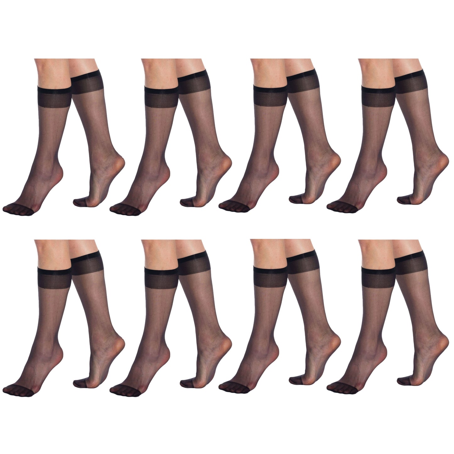 8 Pairs Sheer Knee High Socks for Women 15 Denier with Stay-Up Band One Size