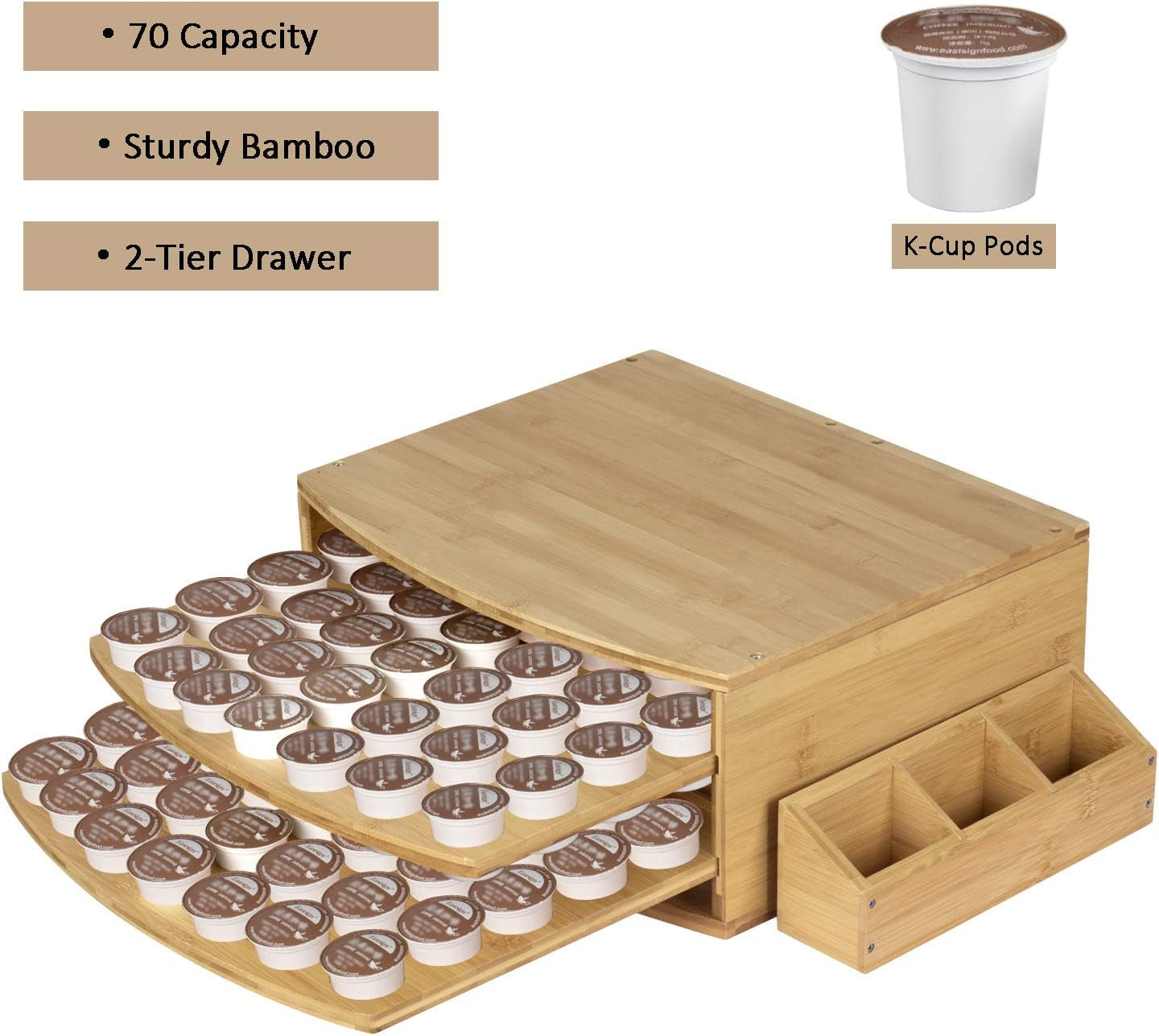 70 Capacity 2-Tier Bamboo Coffee Pod Holder Storage Organizer with Drawer for K-Cups Pods,Coffee K-Cups Pods Organizer for Coffee Station