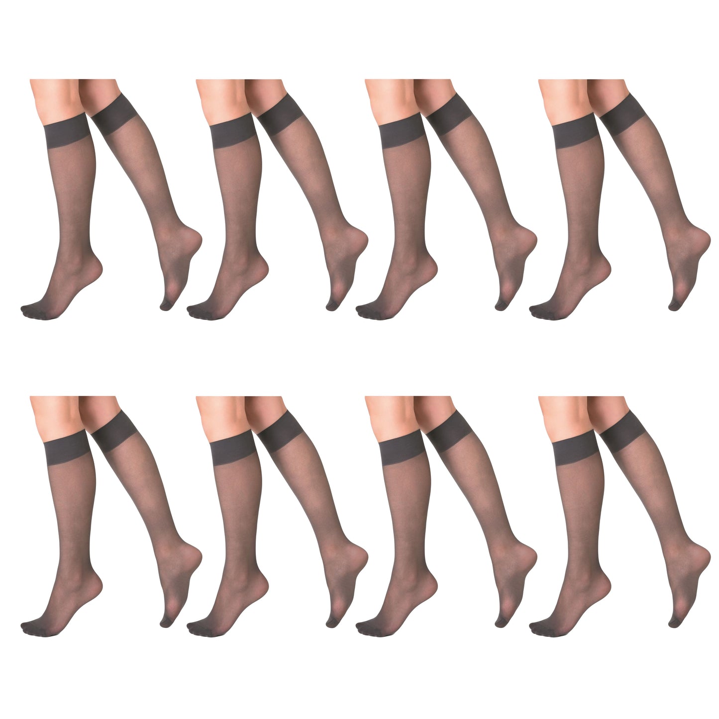 8 Pairs Sheer Knee High Socks for Women 15 Denier with Stay-Up Band One Size