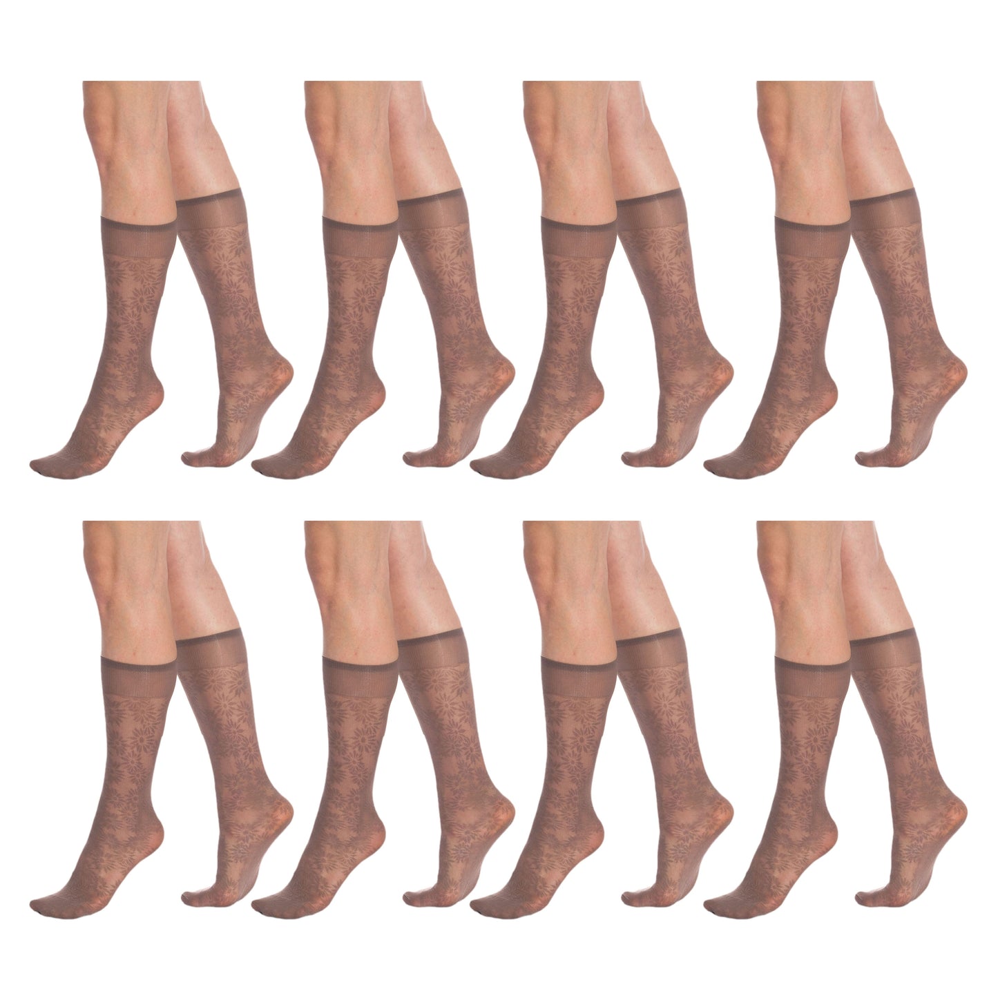 8 Pairs Sheer Knee High Socks for Women 15 Denier with Stay-Up Band One Size