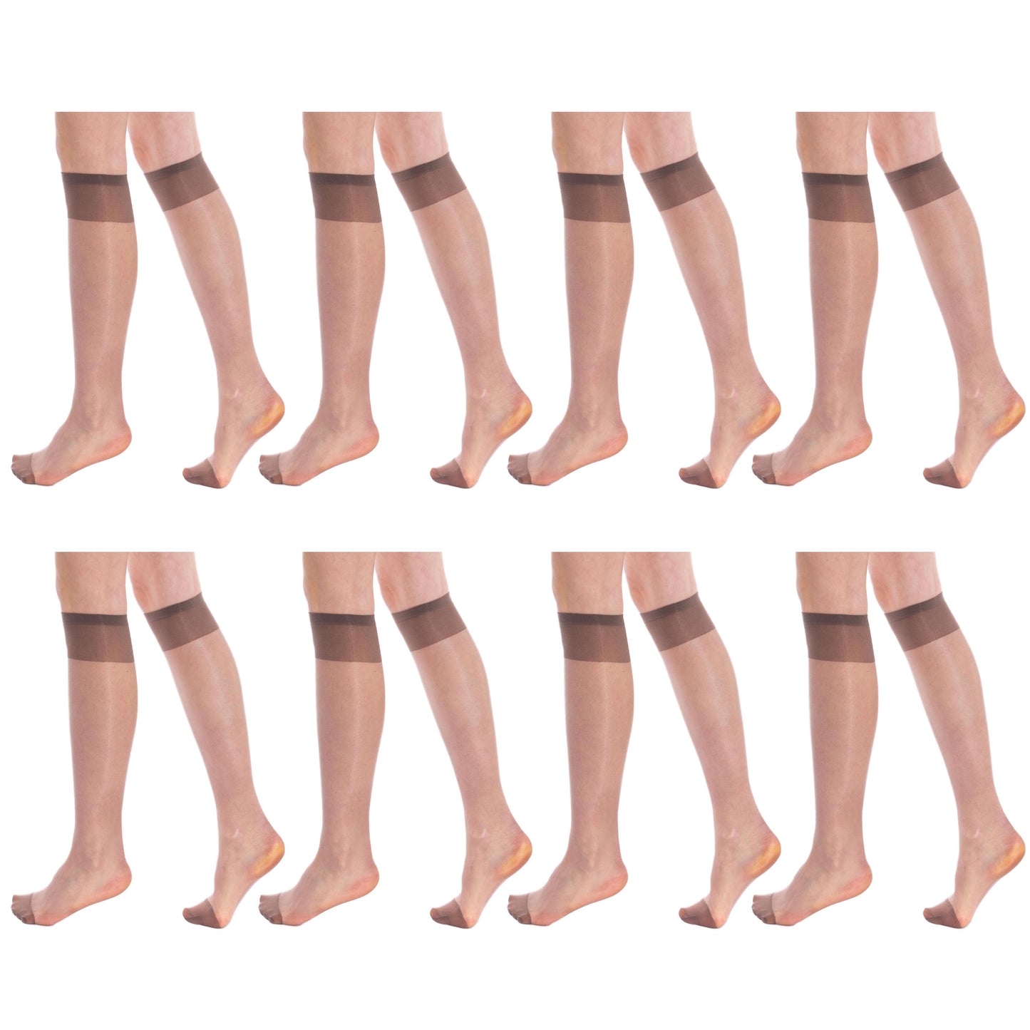 8 Pairs Sheer Knee High Socks for Women 15 Denier with Stay-Up Band One Size