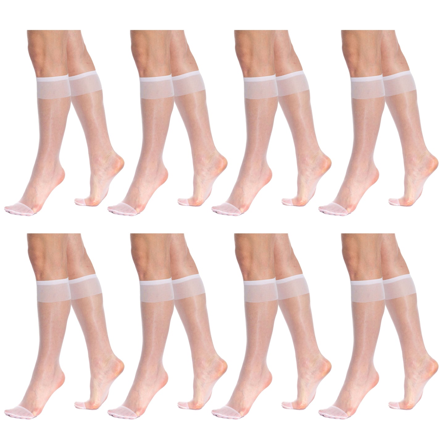 8 Pairs Sheer Knee High Socks for Women 15 Denier with Stay-Up Band One Size